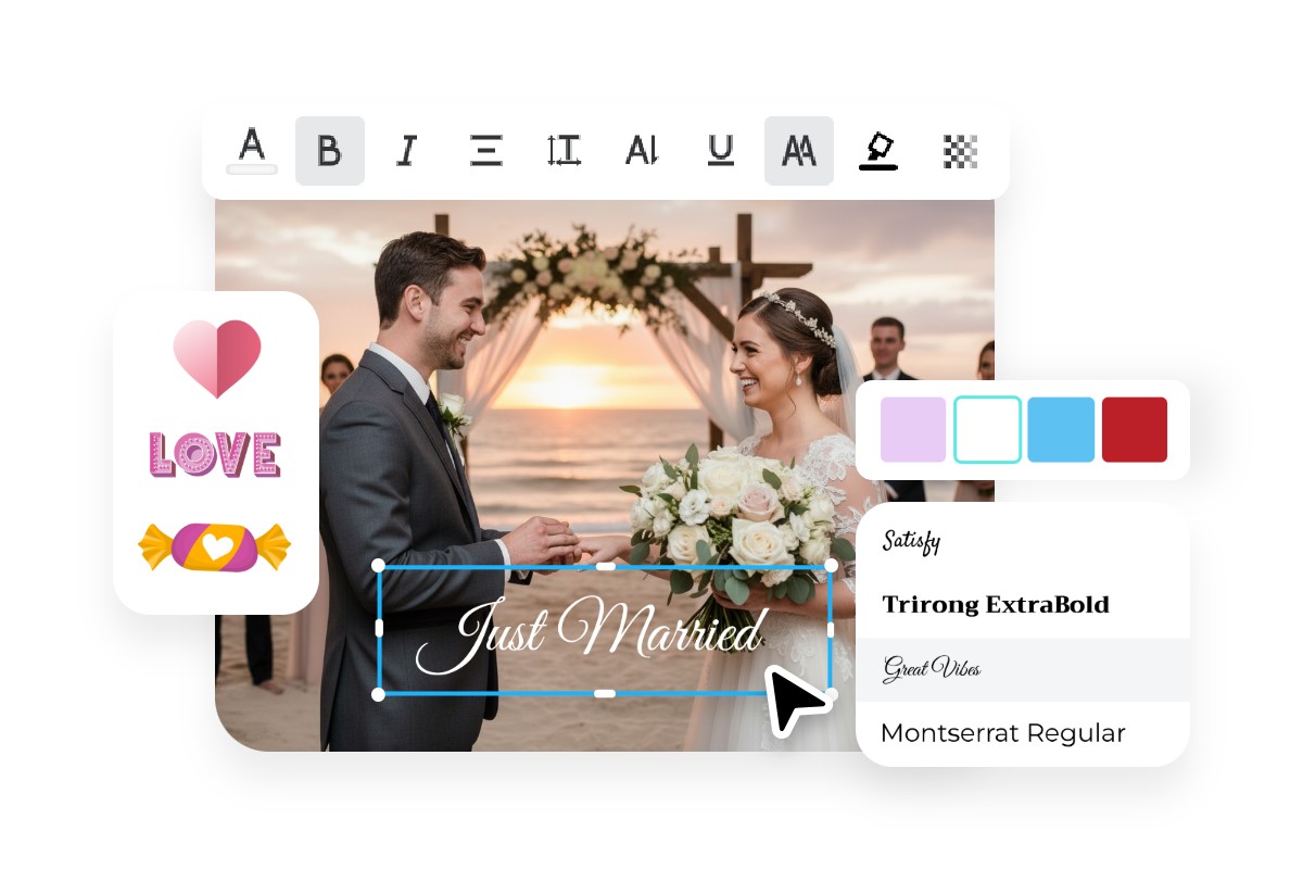 Add stickers and stylish text to ai wedding photo in fotor ai photo editor