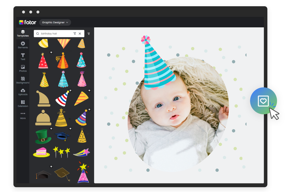 Add various styles and colors of birthday hats to the baby
