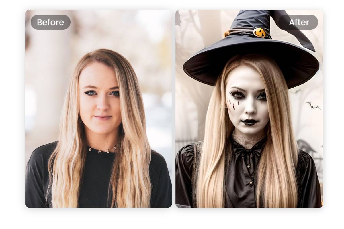 Ajouter un maquillage et un costume de sorcière à une photo de fille avec le filtre sorcière Halloween de Fotor