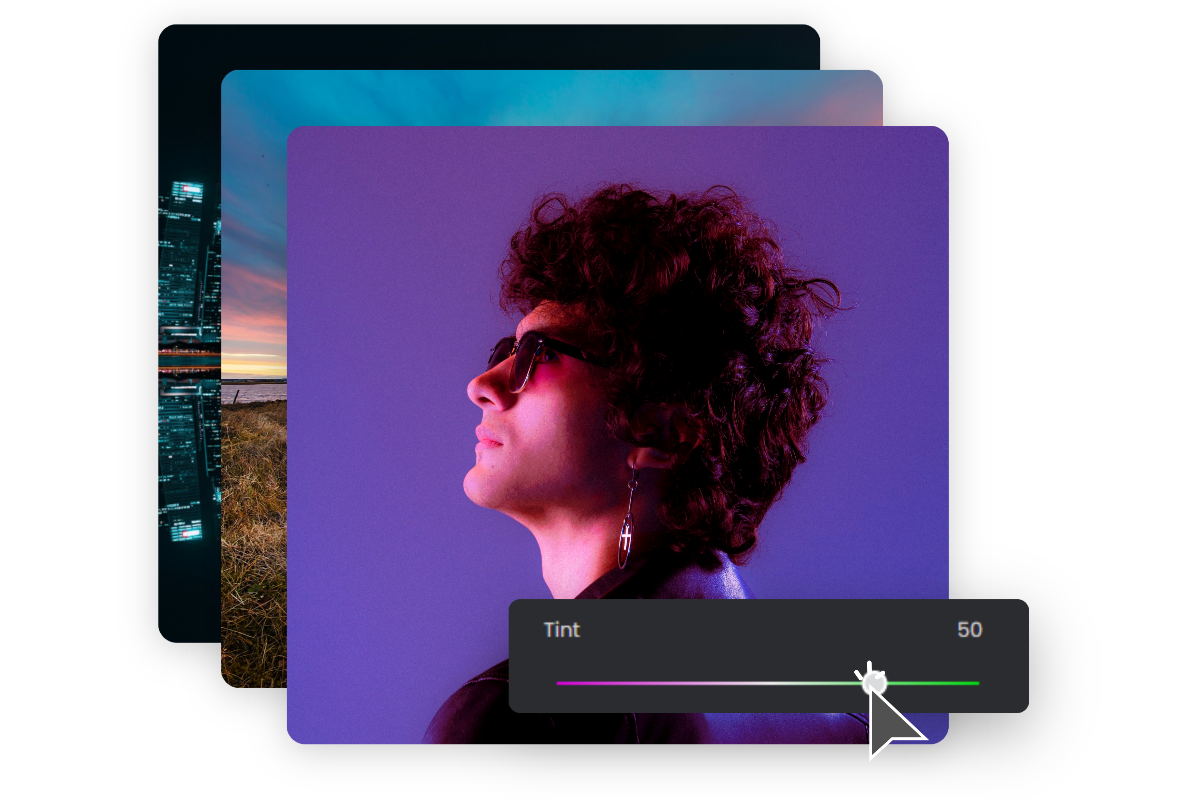 Adjust the tint to change color of three images in fotor
