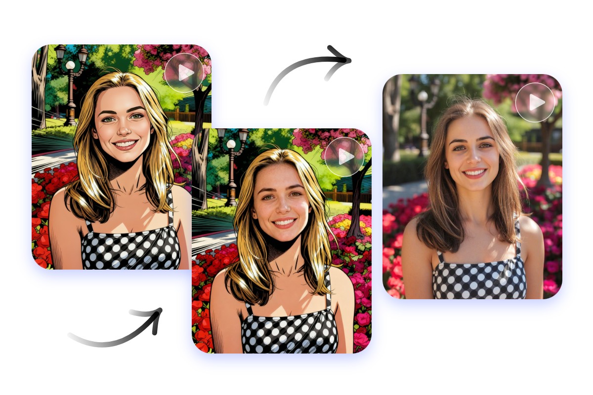 Animate the conversion process of a cartoon girl to a realistic girl
