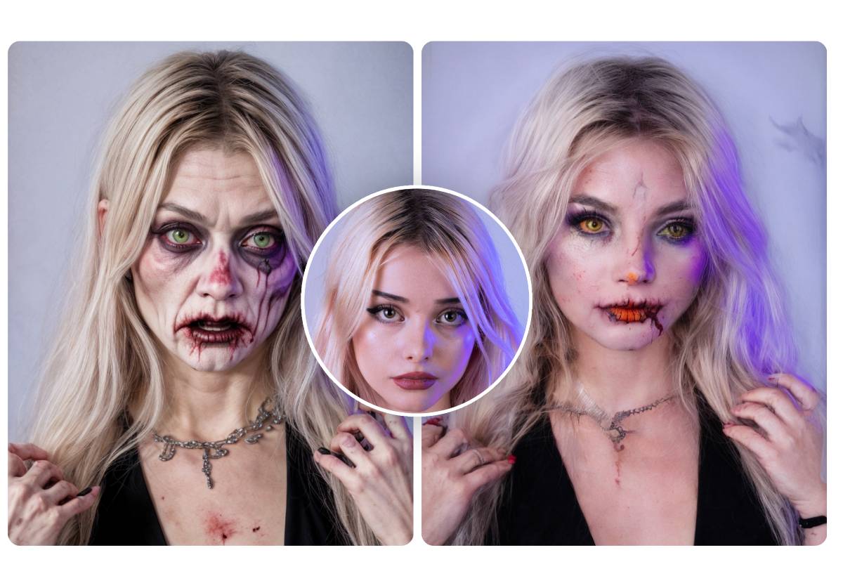 Ein Foto einer blonden Frau wird mit dem Zombie-Filter von Fotor in zwei verschiedene Zombie-Looks verwandelt
