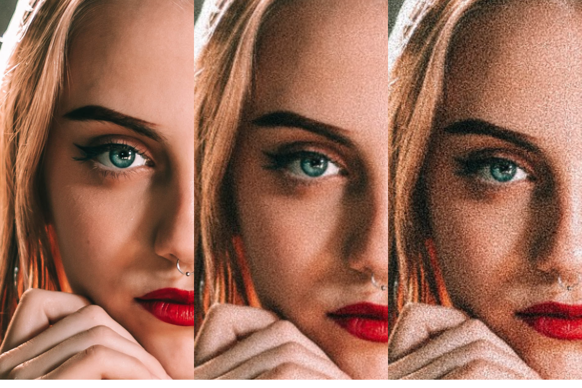 apply film grain effect to female face with different intensities in fotor