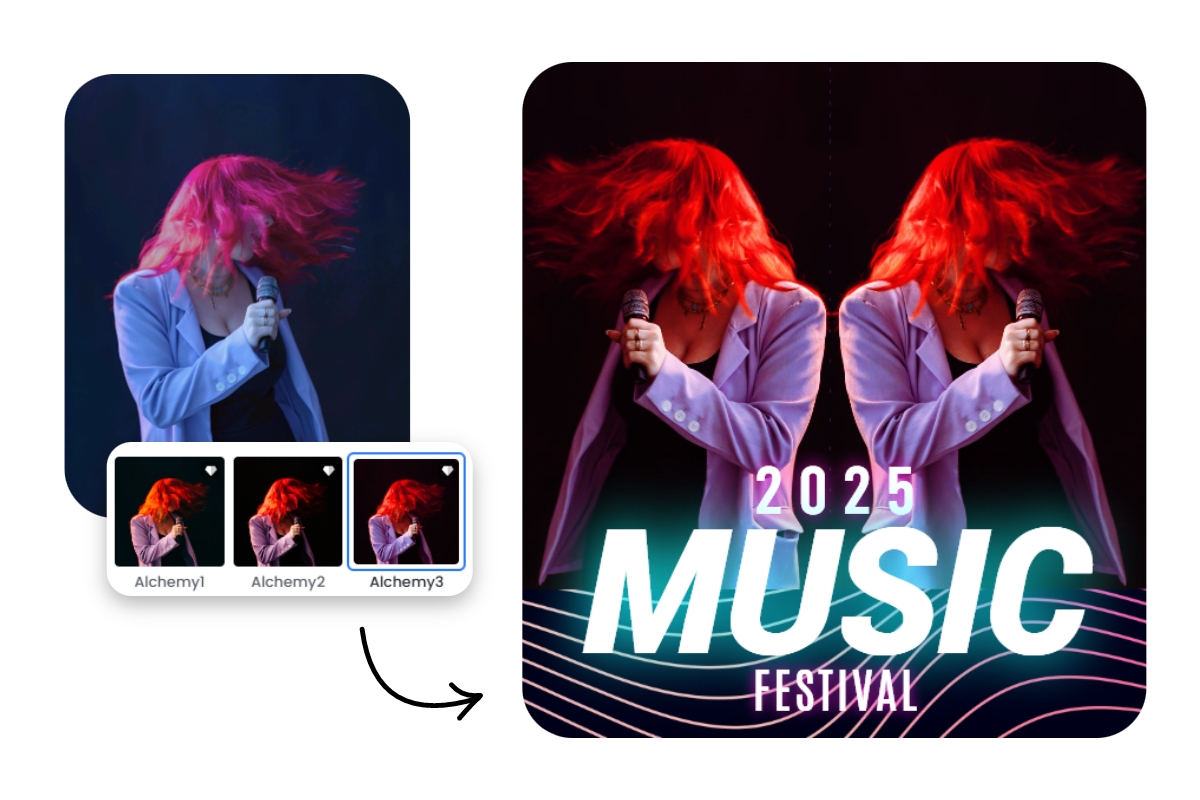 Apply filter to a picture of a dancing lady and mirror it to make a poster