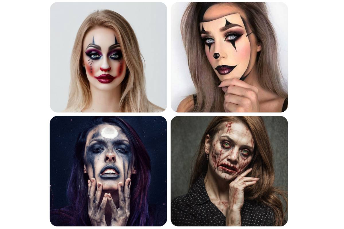 Apply halloween filters and effects to female selfie to make a zombie clown vampire and witch face