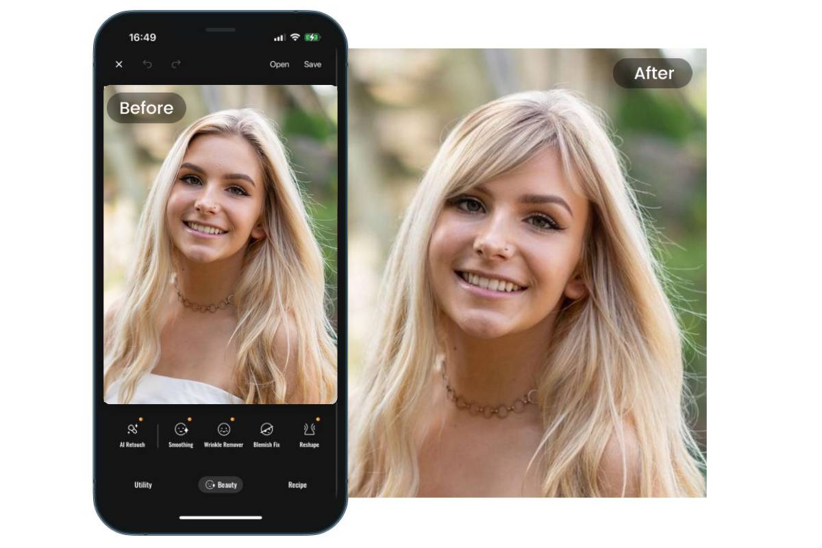 Apply side swept bang bangs filter to a female portrait on the Fotor app