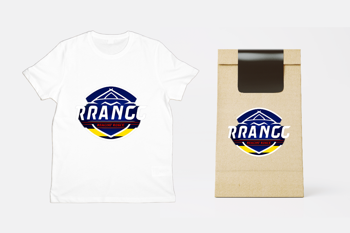 Apply the AI generated blue badge logo in the white tshirt and package bag design