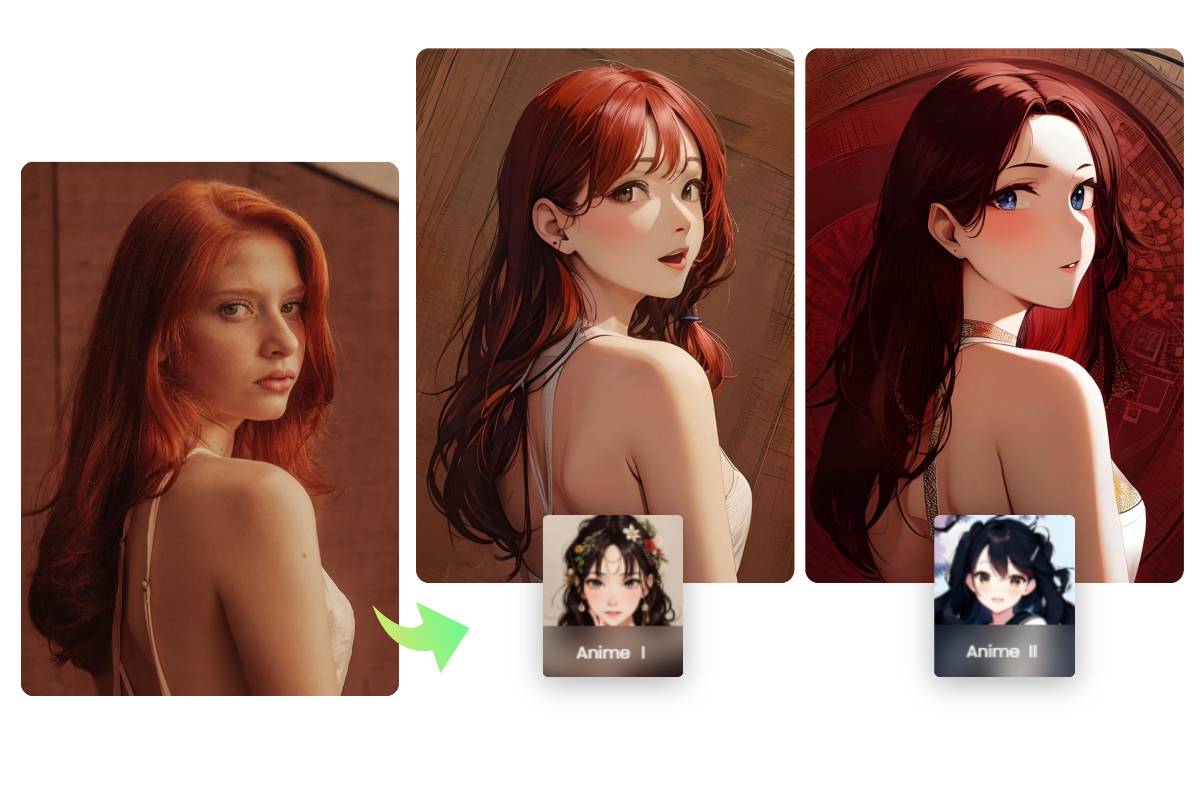 fotor ai 사진에서 여성 이미지에 두 개의 ai 애니메이션 아트 필터를 적용하여 애니메이션 변환기