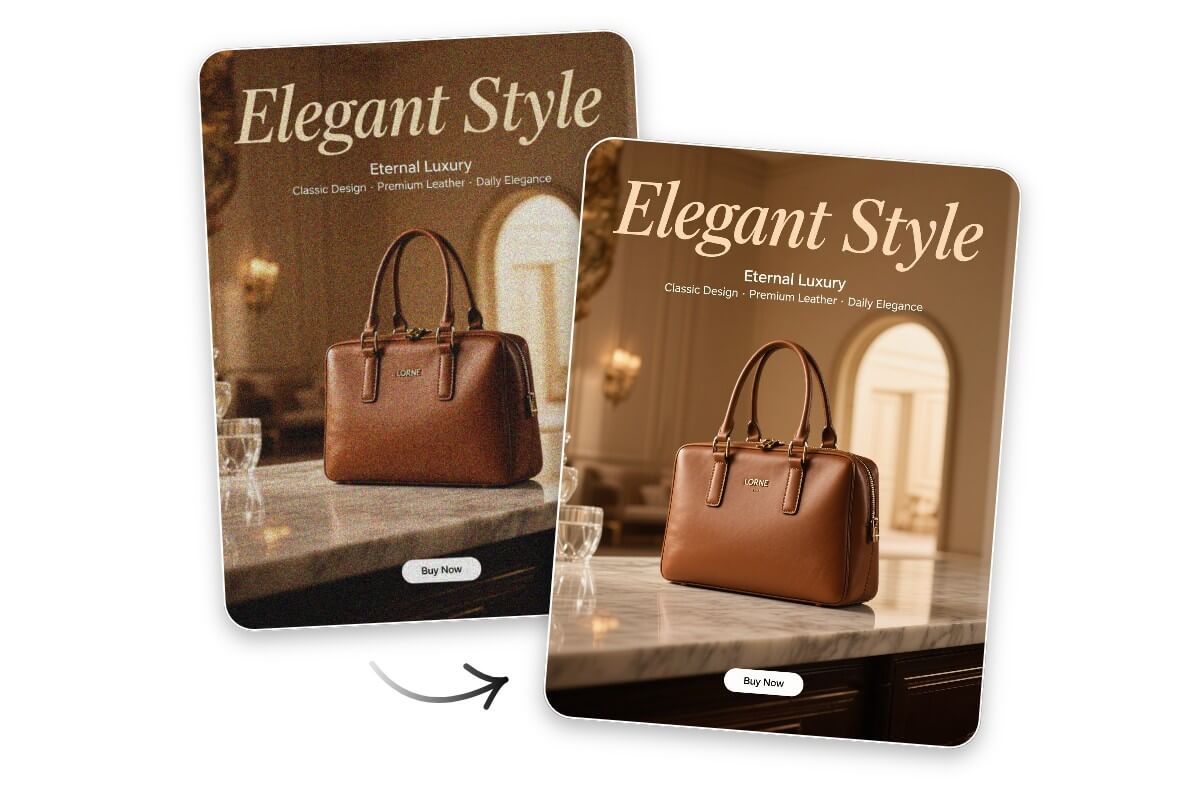 Before and after comparison of a bag advertising poster denoised