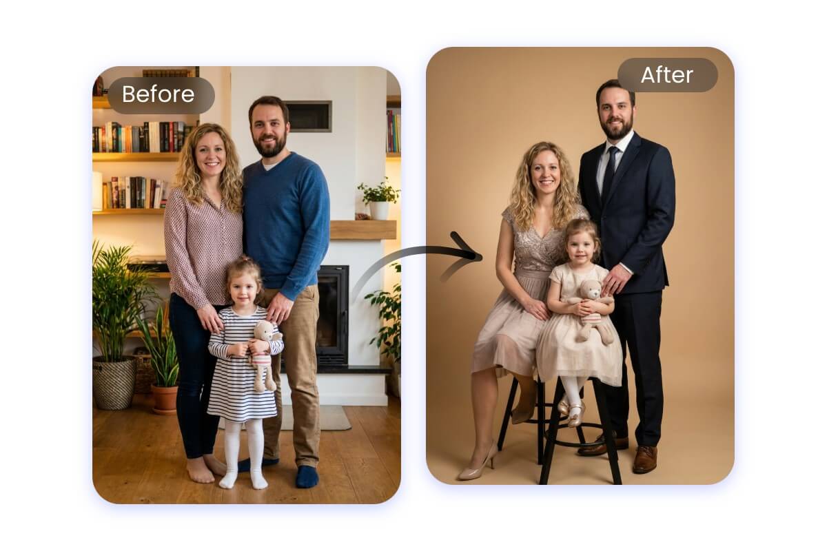 Before and after of Fotor AI family picture editor changing outfits and background in a family portrait