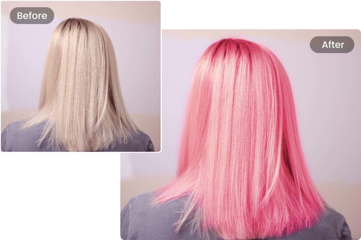 Prima e dopo la prova del colore dei capelli