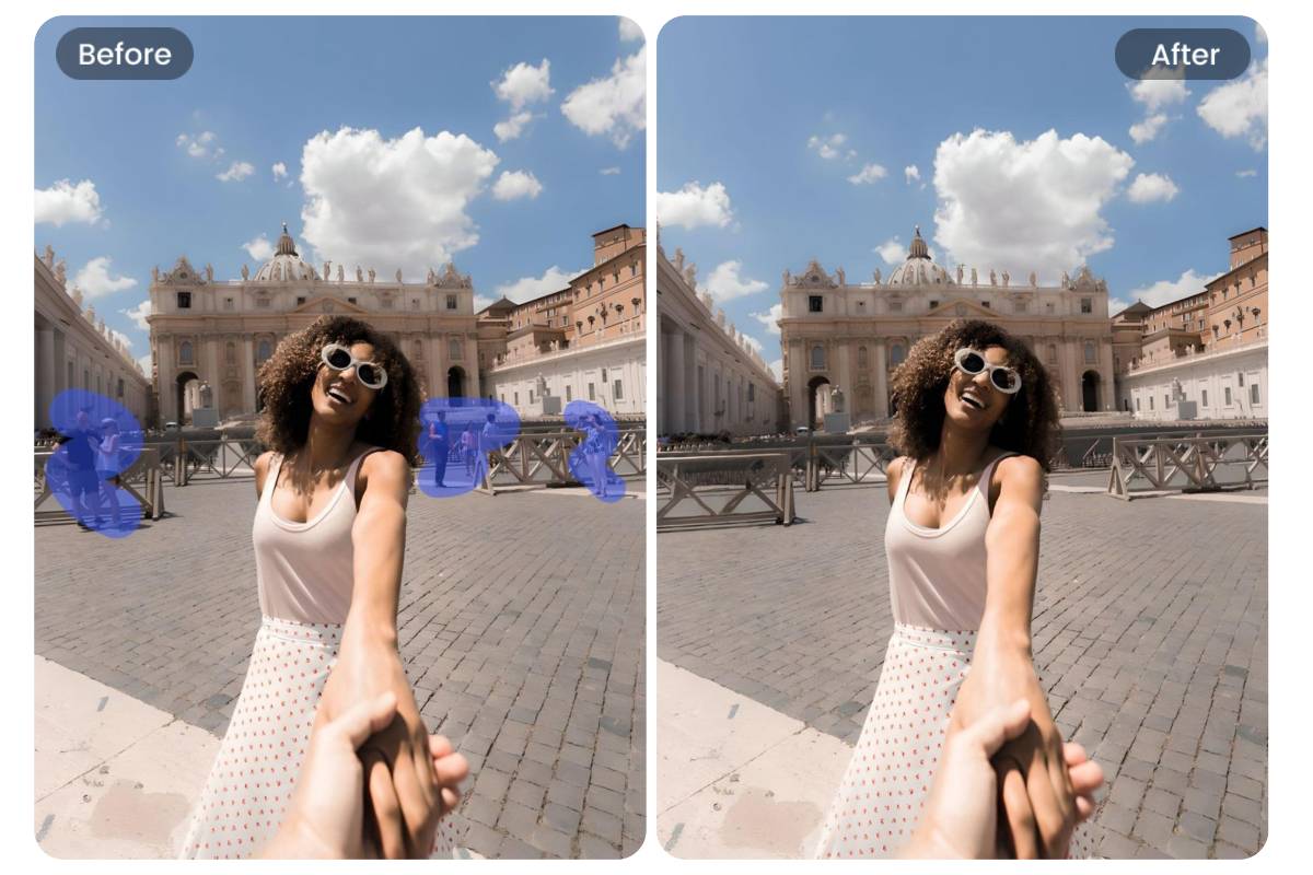 Before and after using the Fotor free AI object remover to remove people from photo