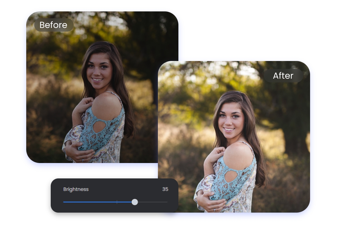 Brighten a photo of a smiling girl before and after