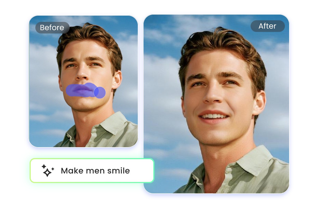 Brush over a photo of a handsome man and enter text to replace with a smile
