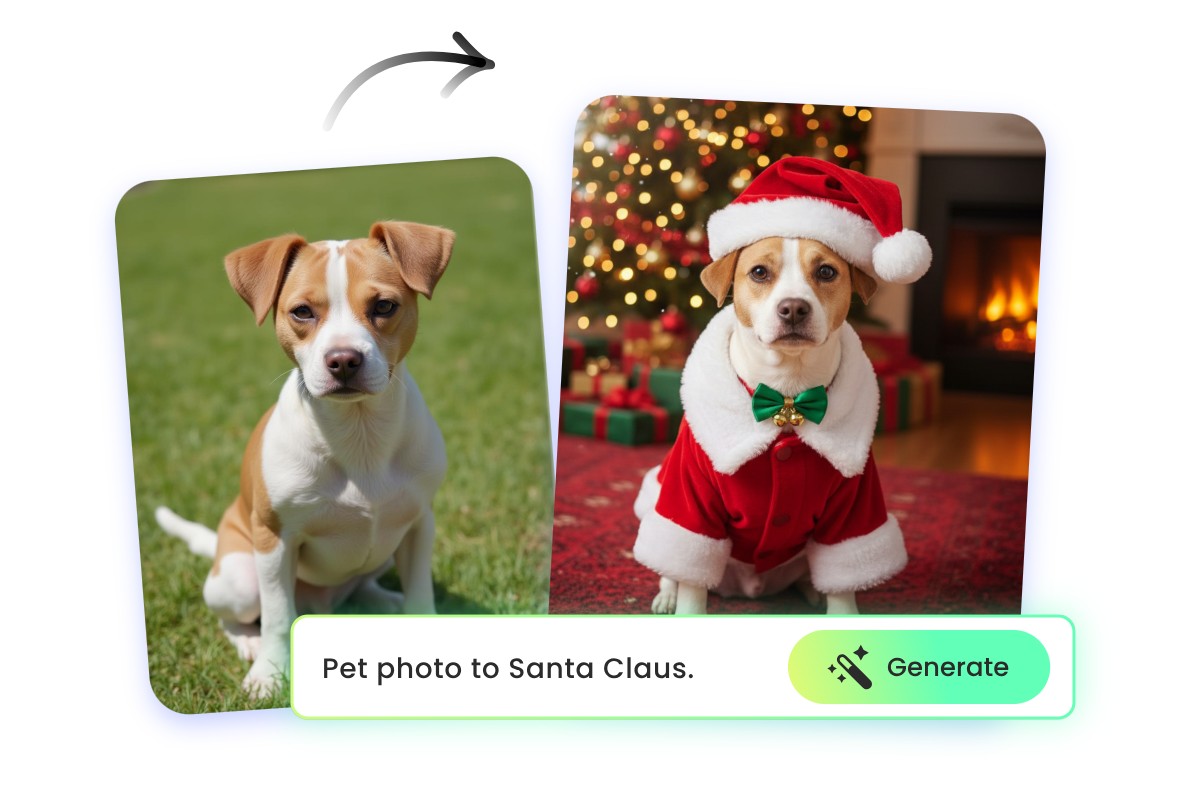 Change a dog photo to the santa version via a prompt in fotor