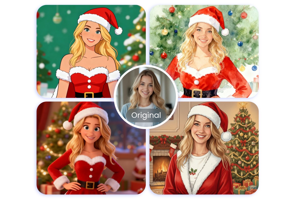 Change a female portrait photo to ai santa visuals in four different styles