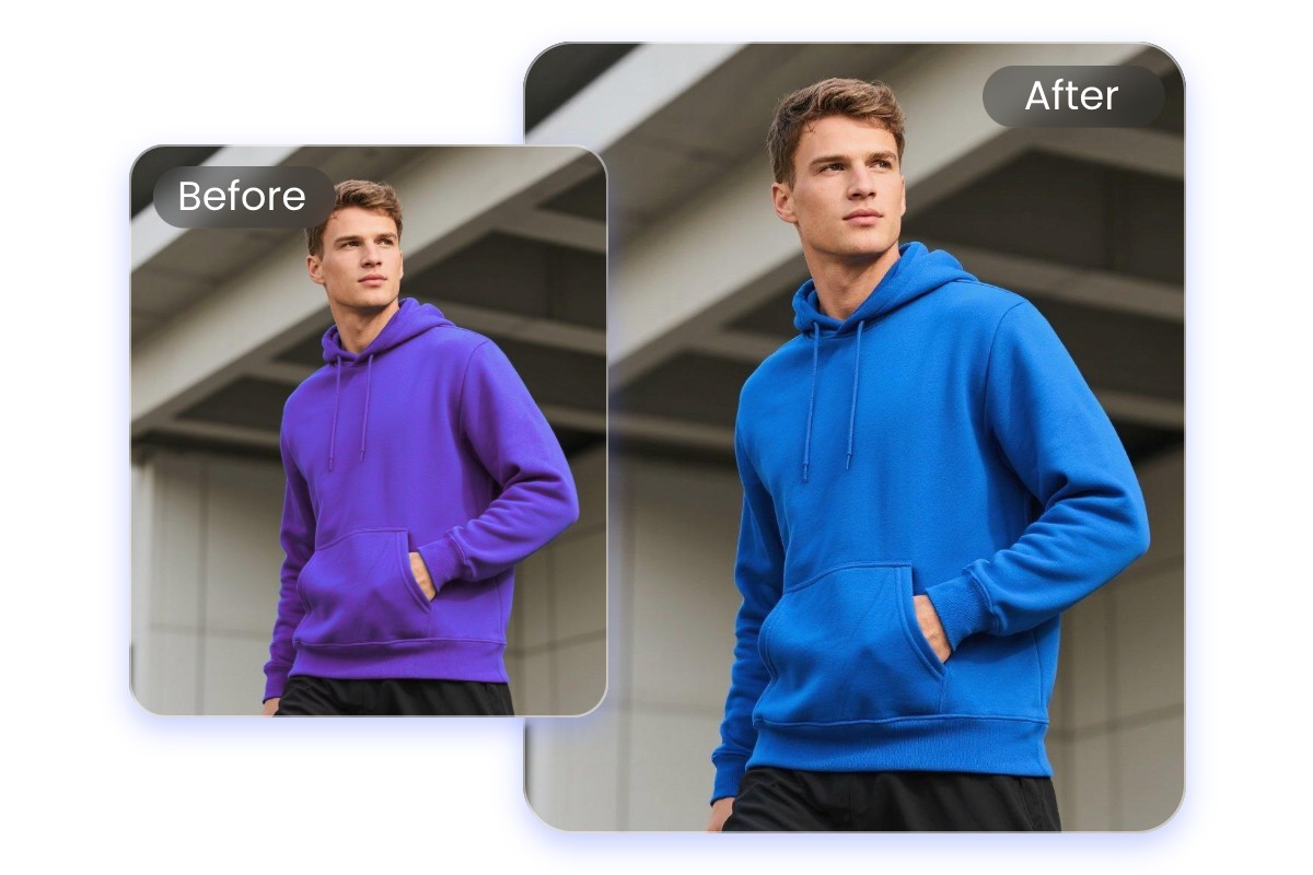 Replace a man in purple hoodie to blue