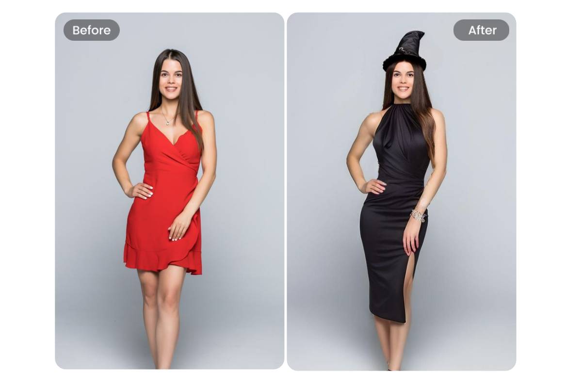 Verändere das Frauenkleid in ein Hexenkostüm für Halloween mit dem Fotor AI-Outfit-Wechsler