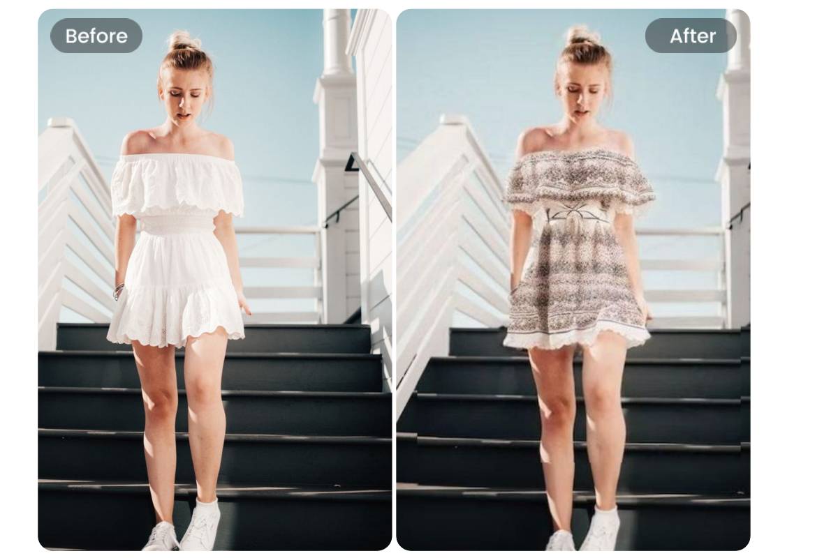 Ändern Sie das Damenkleidermuster mit Fotor AI im Bohemian-Stil