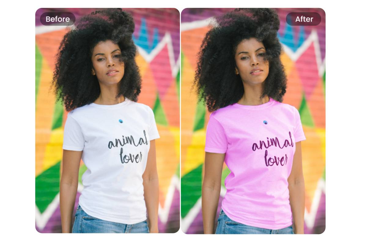 Ändere die Farbe des weiblichen T-Shirts von weiß auf rosa mit Fotor AI