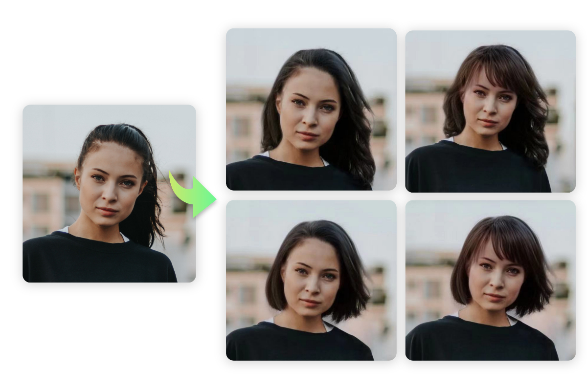 Thay đổi kiểu tóc đuôi ngựa của nữ thành bốn kiểu tóc sành điệu khác trong công cụ thay đổi kiểu tóc trực tuyến fotor
