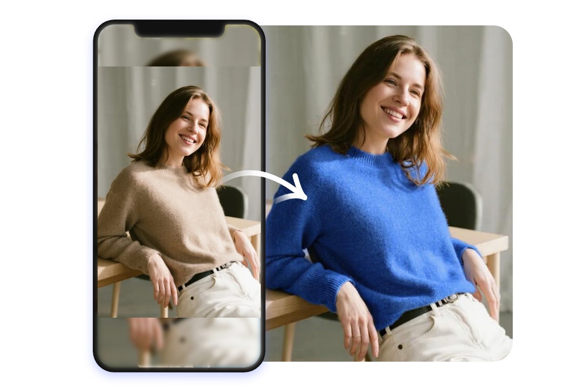 Replace the gray clothing of a woman in the image to blue on the mobile app