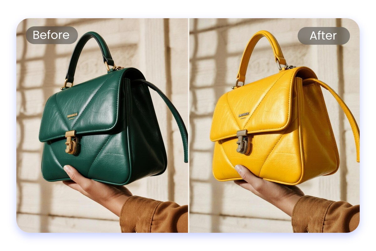 Replace the green bag in the image to yellow