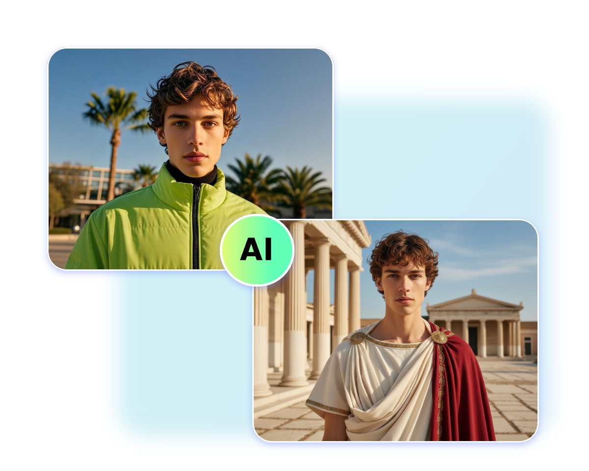 Change the outfit and background of a man picture into signature ancient greece style