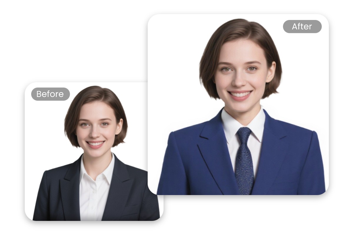 Change the outfit of a woman with short hair in a resume photo