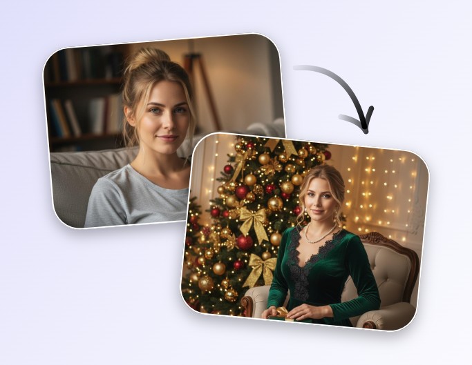 Change the photo of a girl with an ordinary outfit to a christmas look