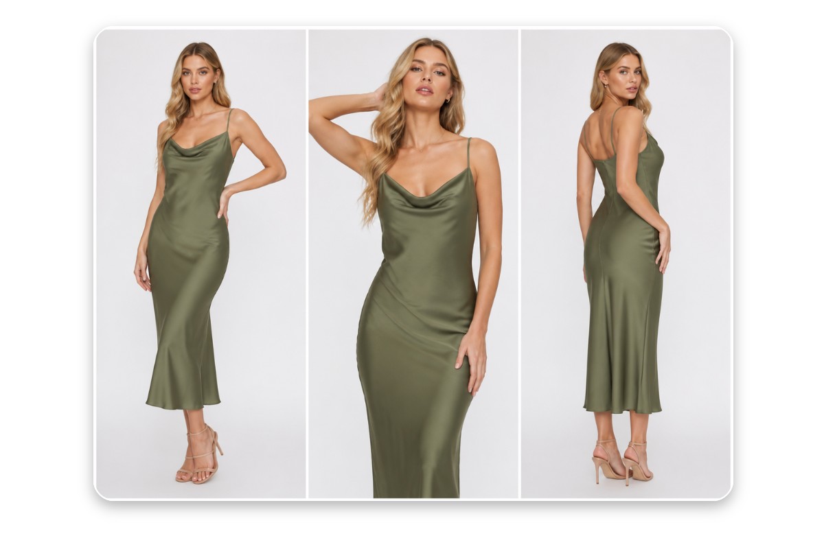 Change the pose and camara angle of a female model photo