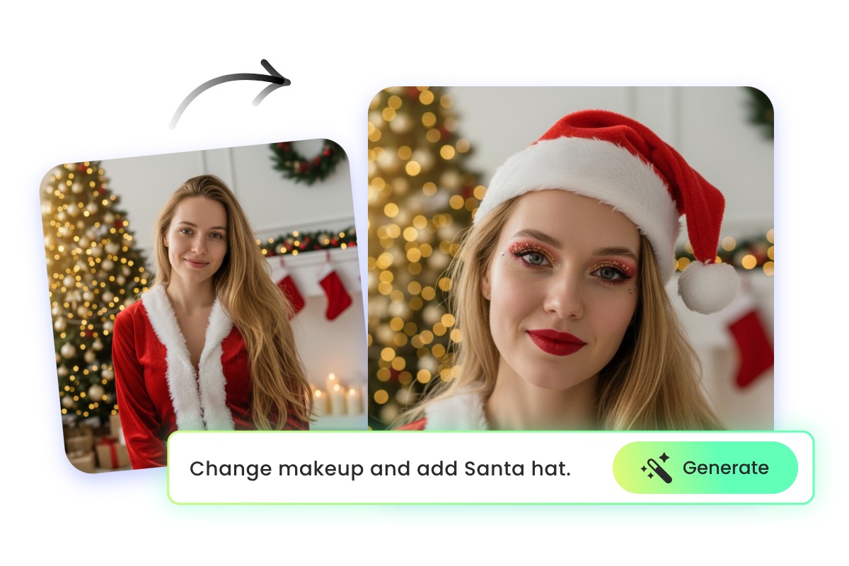 Change xmas makeup of and add santa hat to a female portrait photo