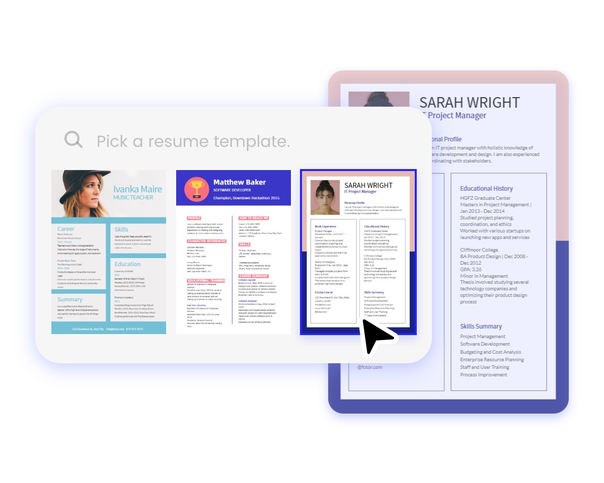 Pilih dari perpustakaan templat resume yang dirancang secara profesional di pembuat resume Fotor