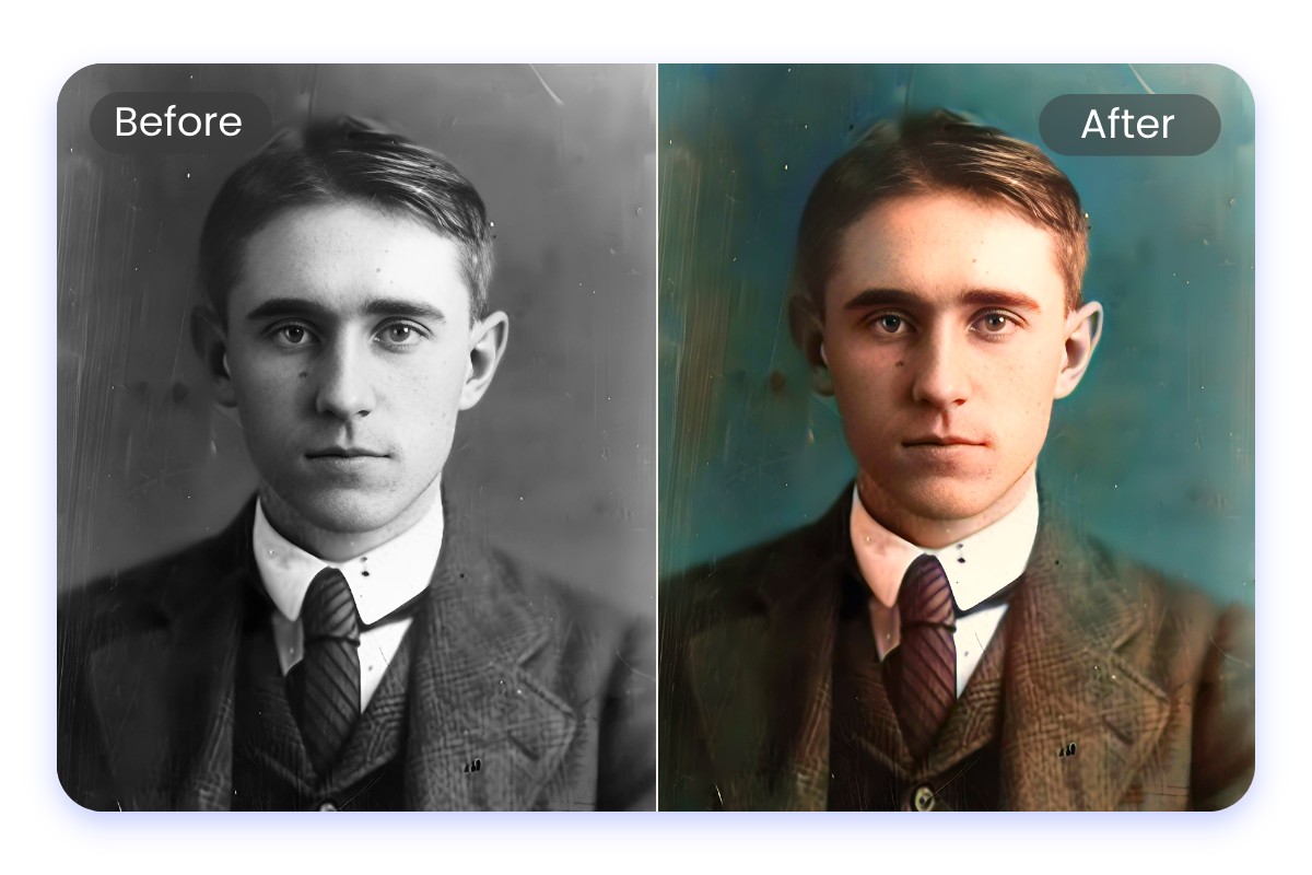 Colorize a black and white old photo of a man using the AI image colorizer