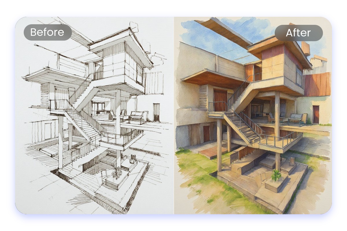Colorize a house design draft using the ai color switch tool