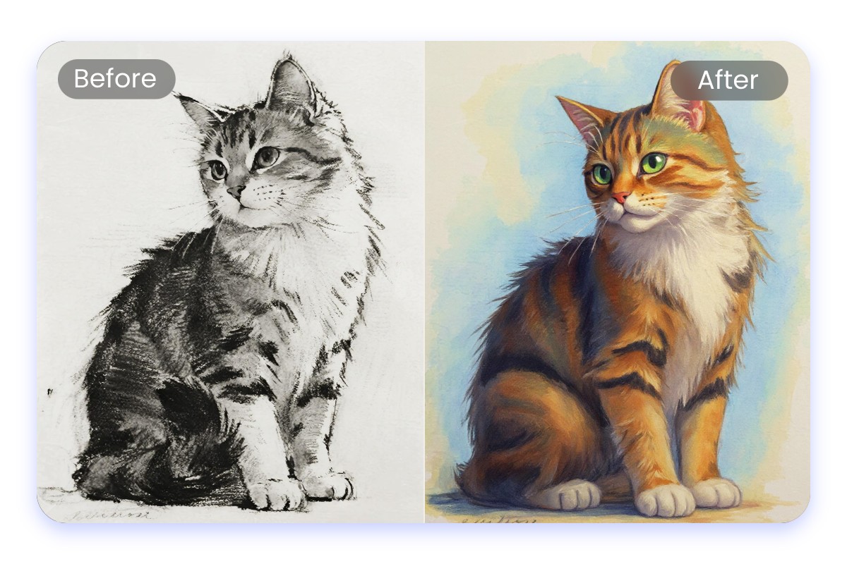 Colorize a sketch of a cat using the AI color replace tool
