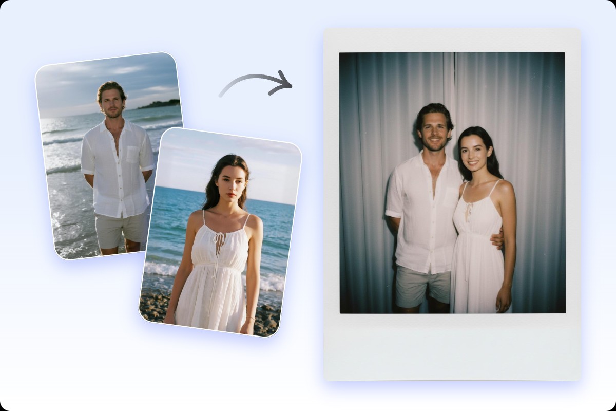 Combine the pictures of a woman and a man into a polaroid photo