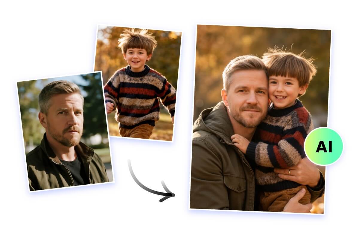 Combine two photos inone frame online with AI featuring a man hugging a boy