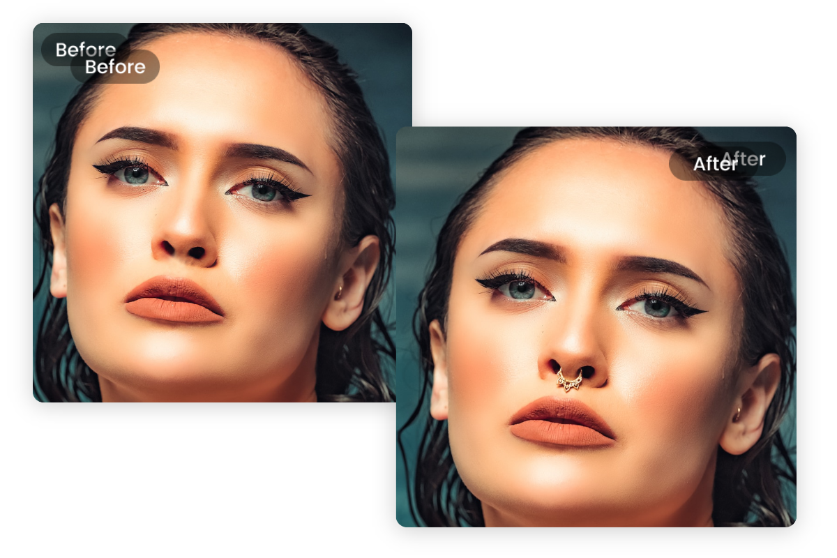 Image comparative d’une femme avec et sans anneau au nez grâce au filtre piercing nez de Fotor