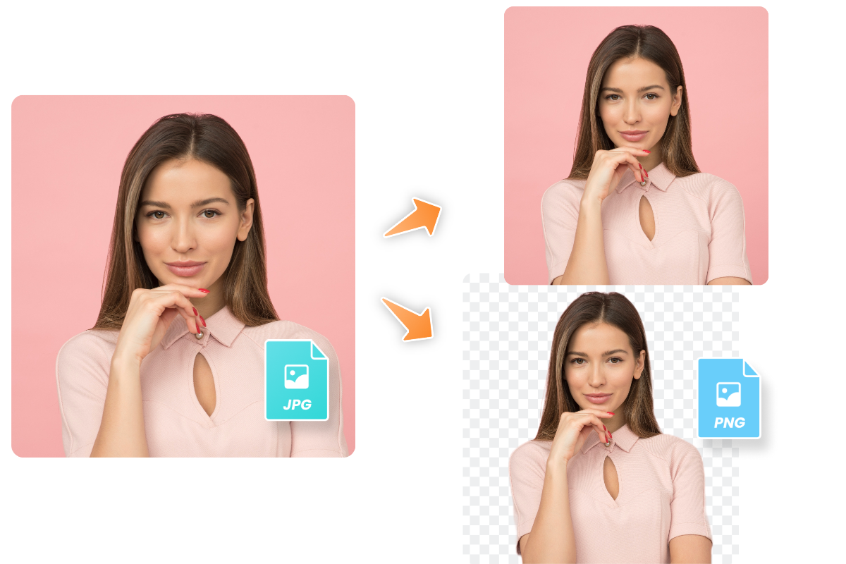 Mengonversi gambar JPG wanita menjadi PNG transparan menggunakan alat pembuat gambar transparan Fotor