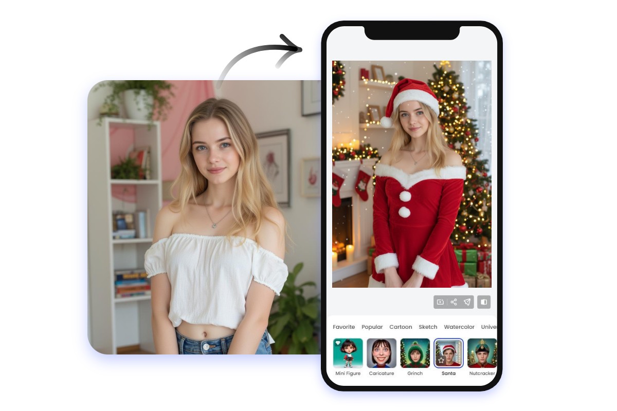 Convert a female portrait photo to a santa visual in fotor