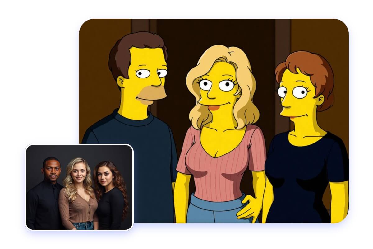 Convert a group photo of three people into simpsons characters