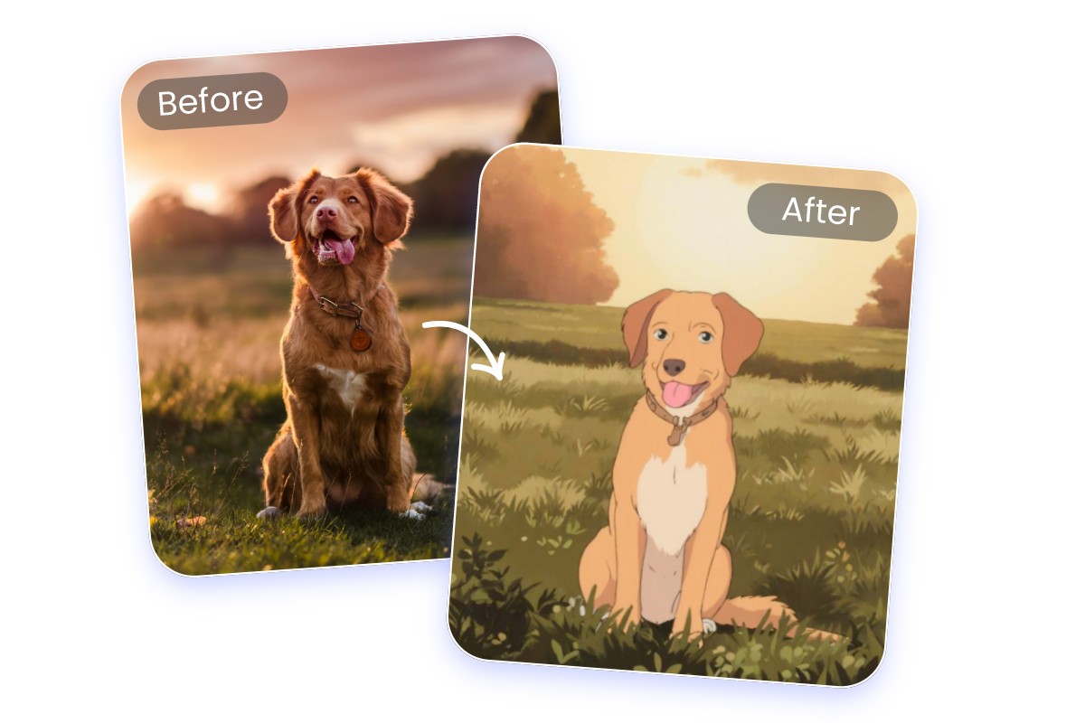 Convert a photo of a dog into a Ghibli style using Fotor free Studio Ghibli AI generator
