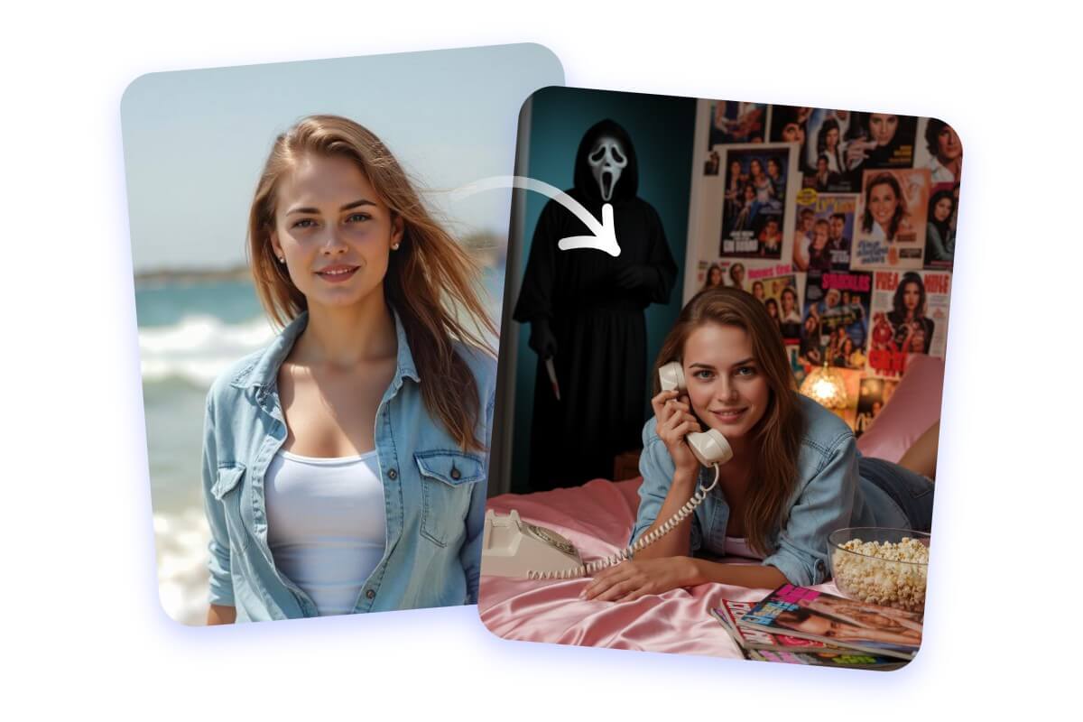 Convertir une photo d'une femme en image avec Ghostface IA derrière elle