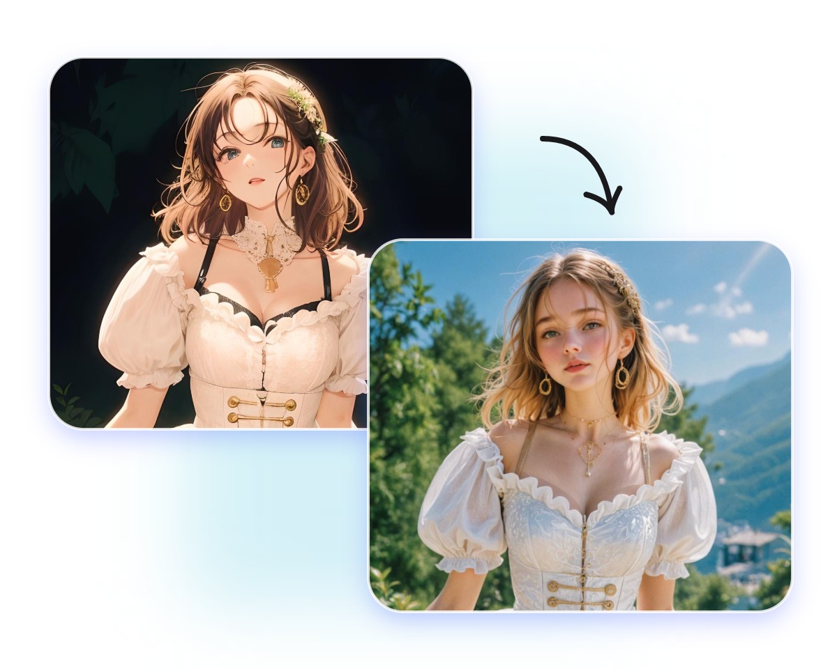 Convert an anime woman image to a realistic style