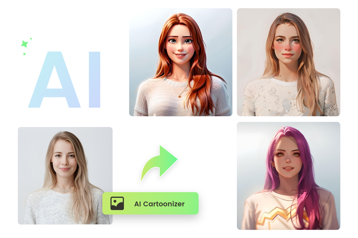 Convert female portrait into three different cartoon styles photos