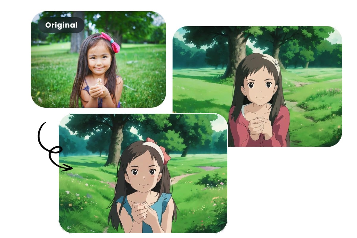 Convert photo to studio ghibli art style with Fotor studio ghibli AI generator