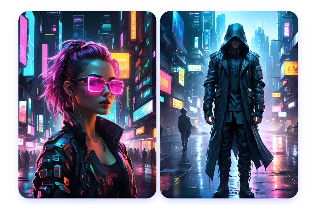 Créer des personnages cyberpunk avec l’IA, dans un décor de ville nocturne