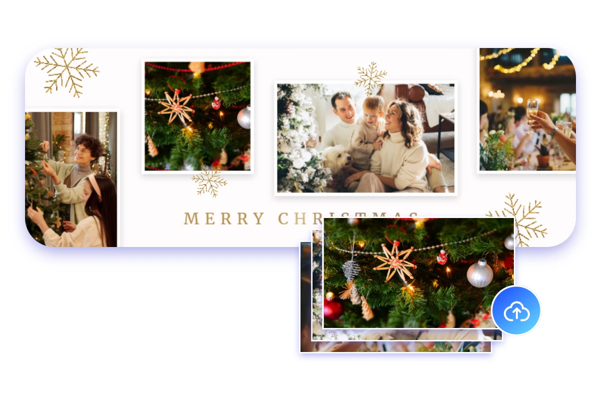 Create a collage photo cover featuring the christmas theme for facebook with alternative pictures below it
