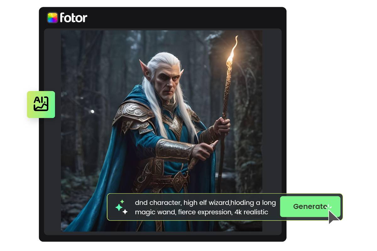 Create a high elf wizard with text prompts on fotor dnd art generator